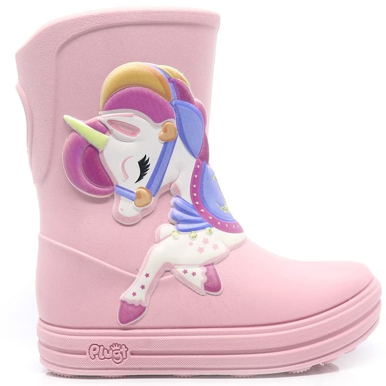 Galocha Infantil Plugt Menina Unicórnio Carrossel Rosa Claro Confortável Leve Macia Antiderrapante