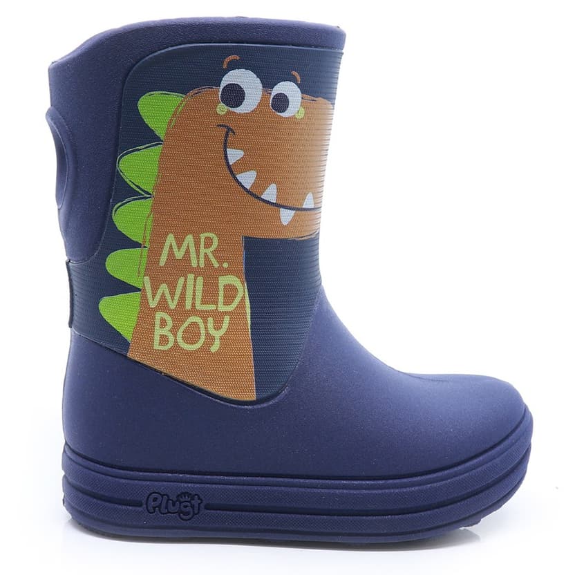 Galocha Bota Infantil Plugt Menino Confortável Leve Macio Dinossauro Azul Marinho Antiderrapante