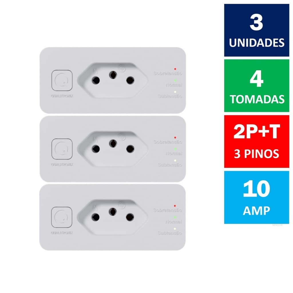 Protetor de Geladeira Freezer e Eletrônico 2P+T 10A Bivolt Qualitronix - Kit Com 3X