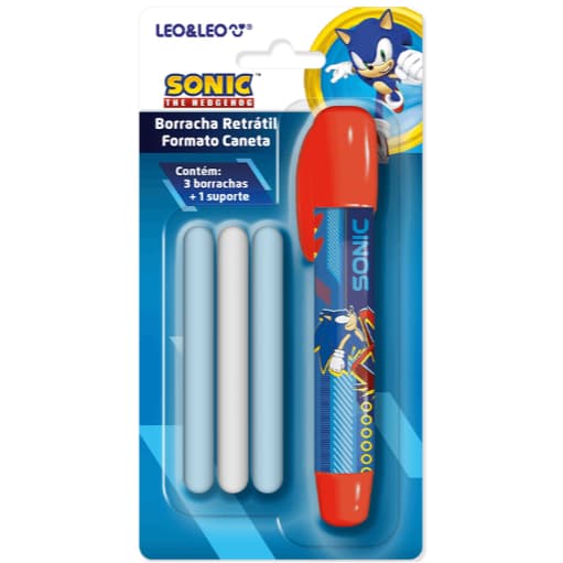 BORRACHA RETRÁTIL FORMATO CANETA SONIC - BLISTER C/ 1 SUPORTE E 3 BORRACHAS LEO&LEO