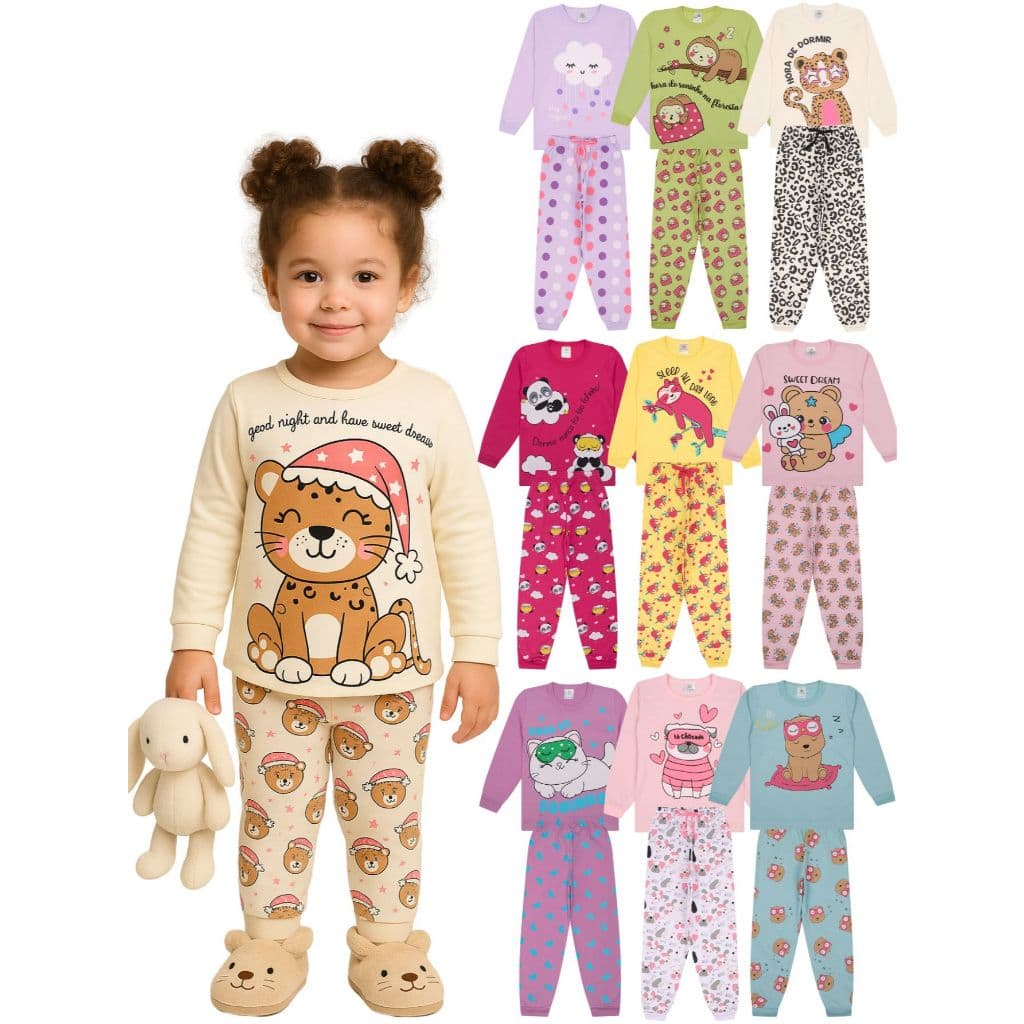 Kit Sortido 3 Pijama Infantil Menina - 3 Camisas manga longa + 3 Calças - Kit com 3 Pijamas Infantil Menina Inverno Bebê