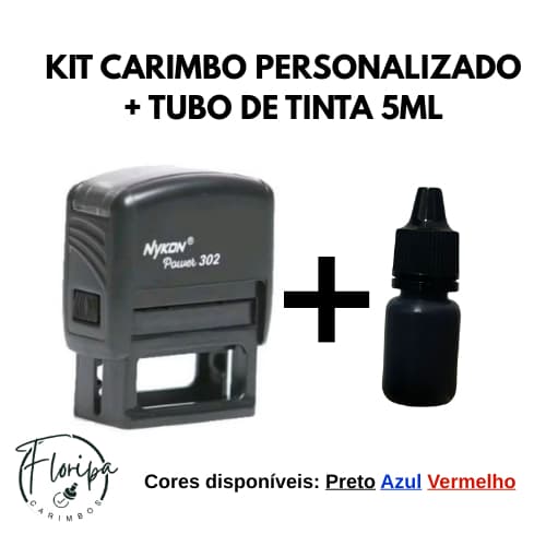 Kit Carimbo Personalizado Automático + Tubo de tinta 5ml l Nykon 302 l 38x14mm