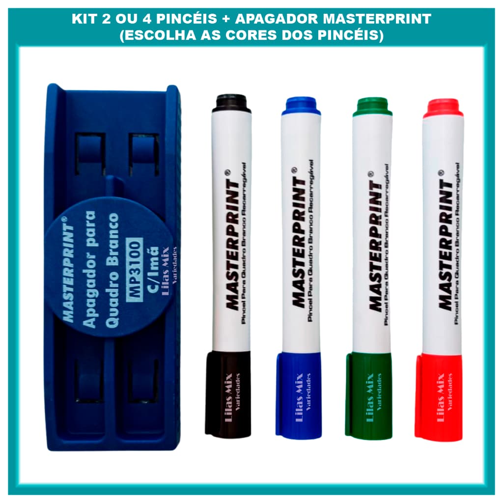 kit Pincel Caneta Quadro Branco Lousa Recarregáveis 02 ou 04 Cores Diversas + Apagador Quadro Branco