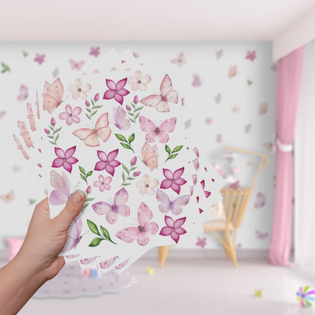 Adesivo De Parede Decorativo Borboletas Floral Raminhos Flores Quarto Sala Infantil Menina