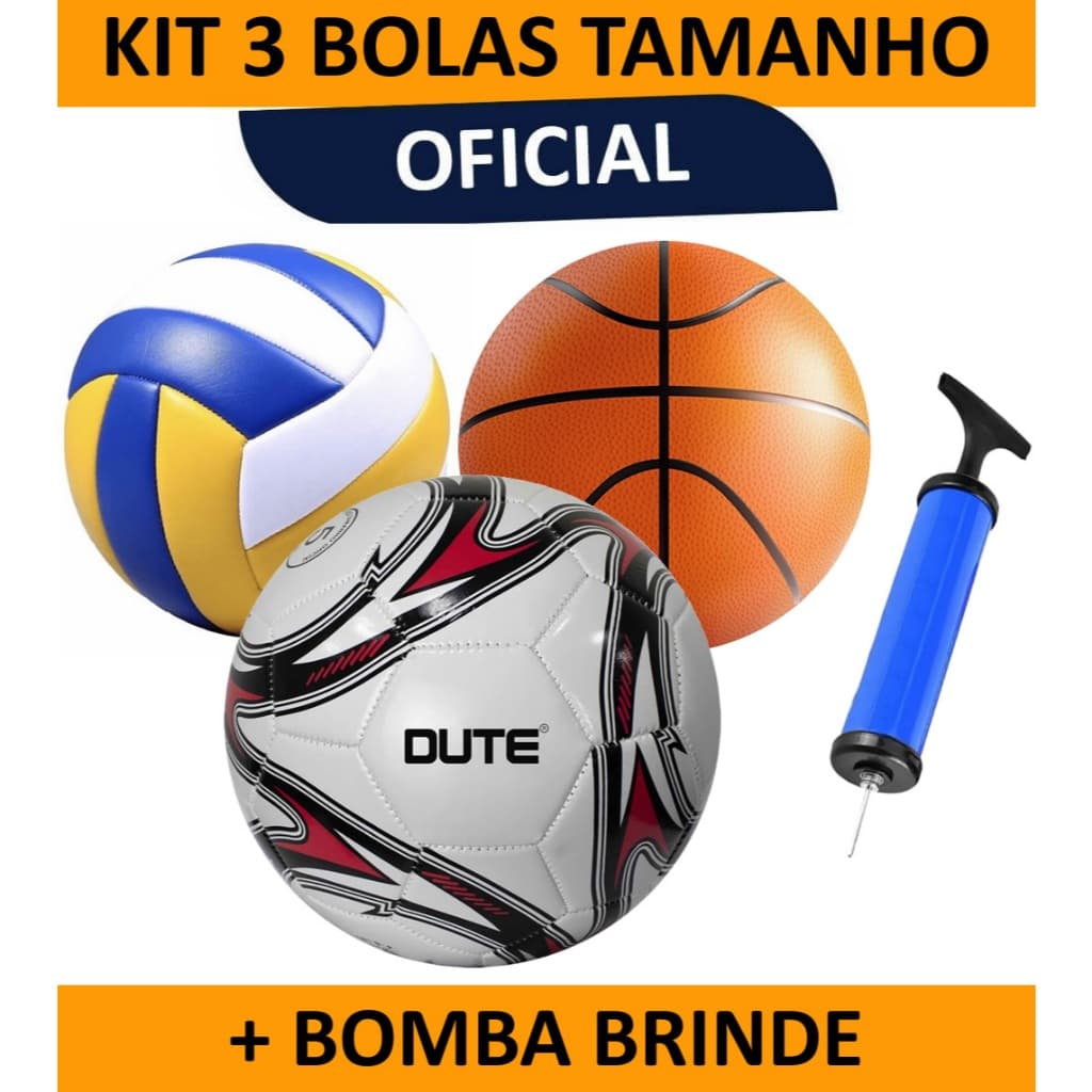 Kit 3 Bolas de Tamanho Oficial Futebol Volêi e Basquete + Bomba Brinde