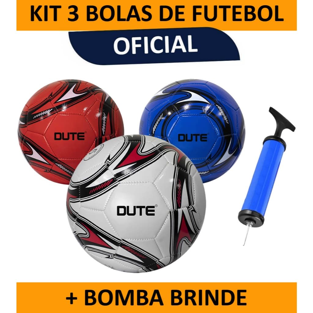 Kit 3 Bolas de Futebol Tamanho Oficial Número 5 Costurada Couro Sintético + Bomba Brinde