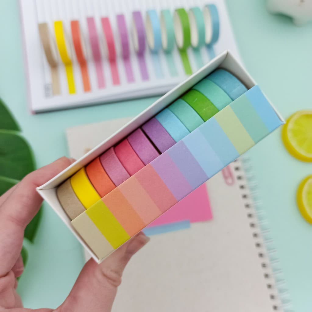 Fita Adesiva Colorida Washi Tape Tons Pastel Estreita com 12 Cores - Importado