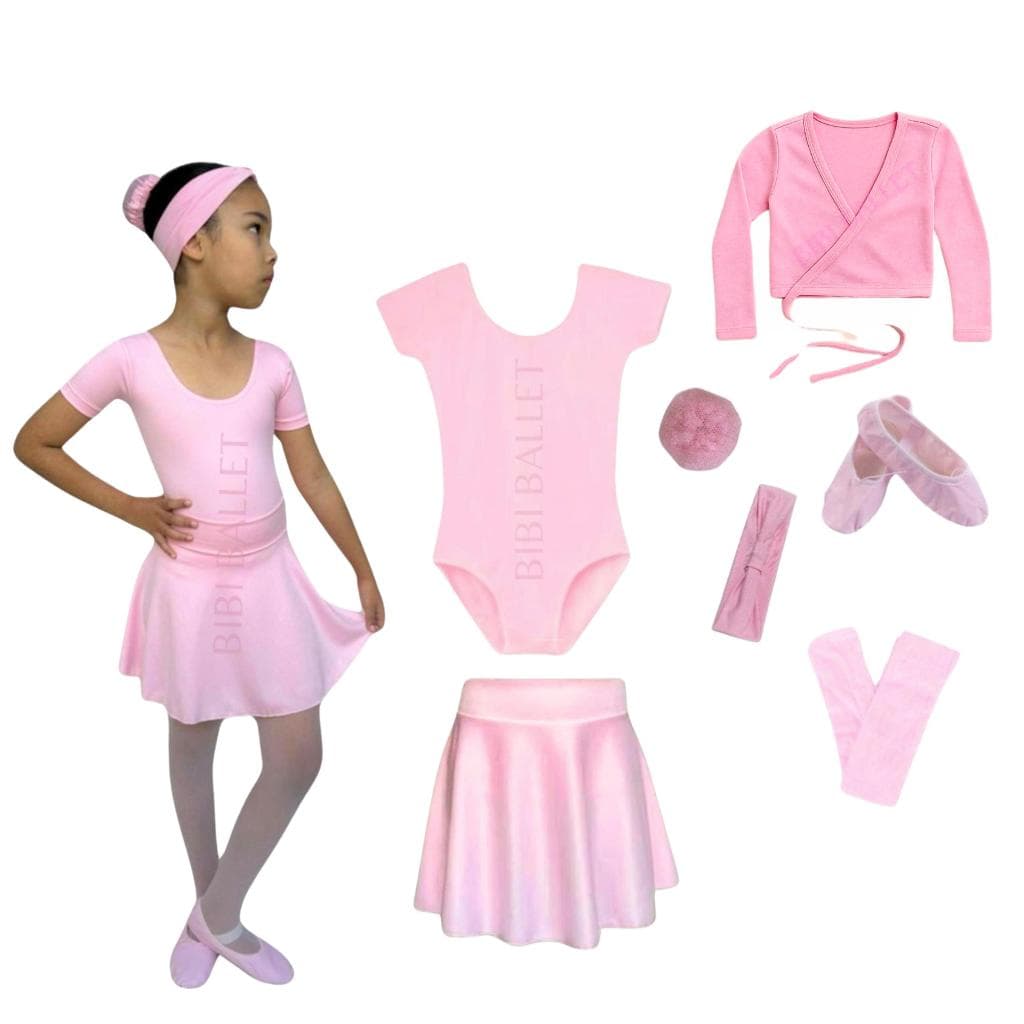 Kit Ballet Infantil 7 itens/ uniforme para dança completo *COM CASACO* (ROSA) - Saia de Cós e Collant Com Manga