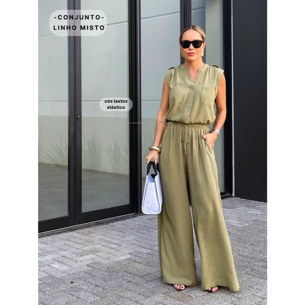 Conjunto Pantalona Camisa sem mangas Linho Misto