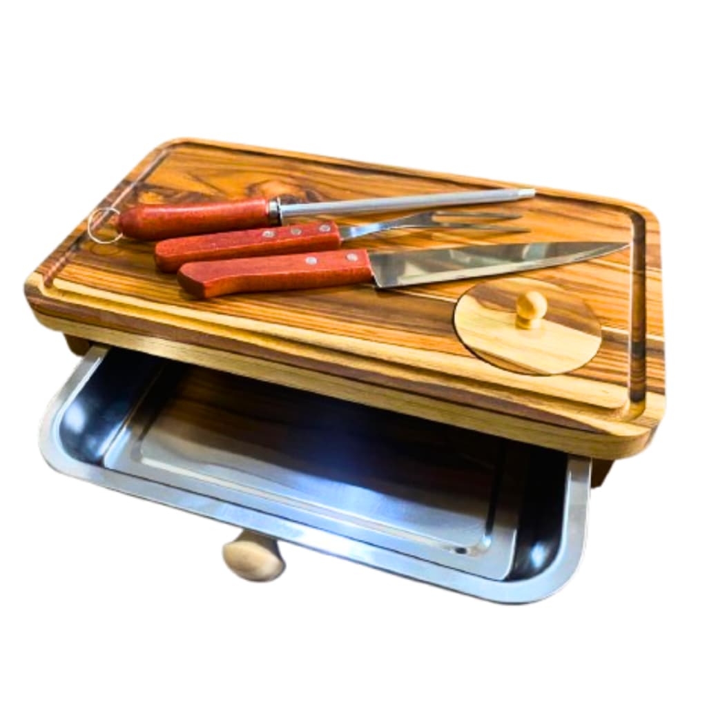 Kit Tábua Churrasco Corte Carne Gaveta Madeira Térmica Inteligente Com Faca E Garfo Em Aço inox