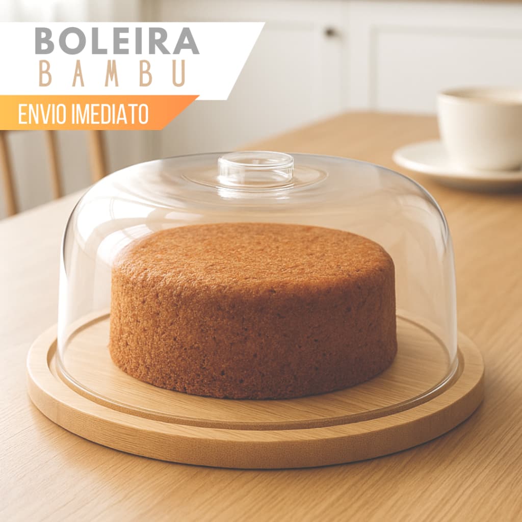 Boleira Bambu Com Tampa Em Acrílico Porta Bolo Para Bolo Torta Pudim Queijo 28cm