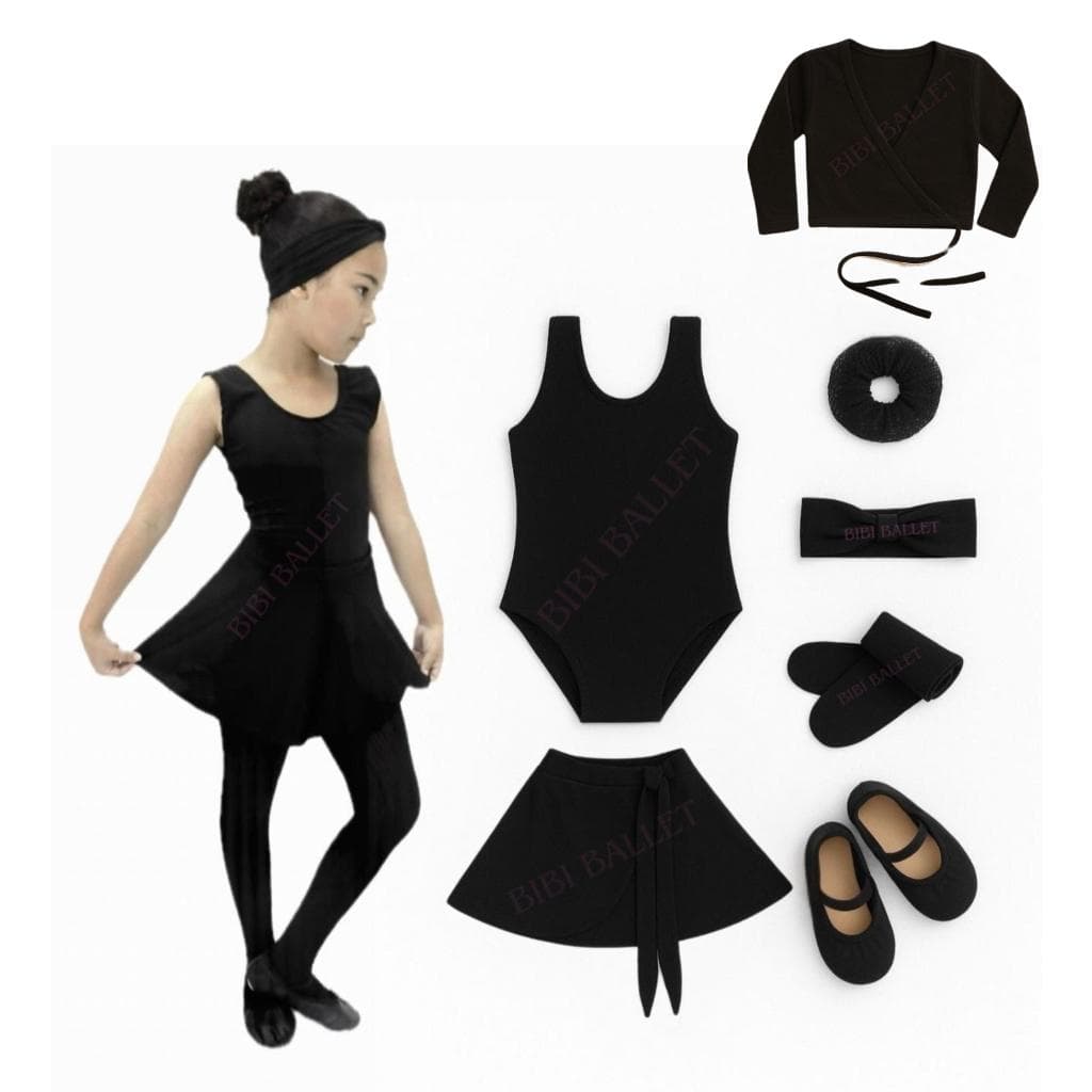 Kit Ballet Infantil e Juvenil - 7 itens/  *COM CASACO* - (Saia de Transpassar e Collant Regata) - PRETO