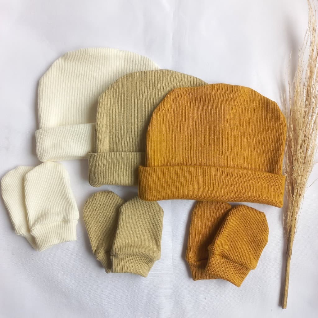 Touca de bebê RN, kit com 3 toucas e 3 pares de luvas, maternidade enxoval baby, Algodão Premium