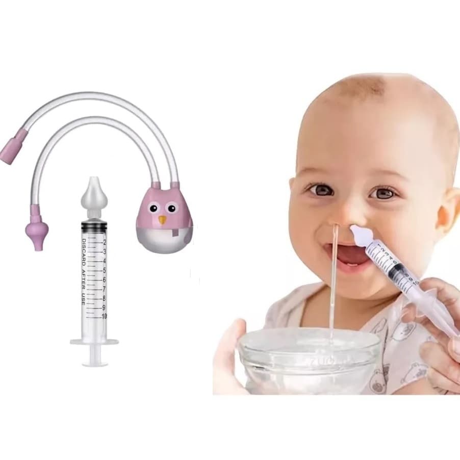 1 seringa lavagem nasal + 1 aspirador nasal corujinha rosa sugador de meleca catarro Higiene nariz criança bebê infantil