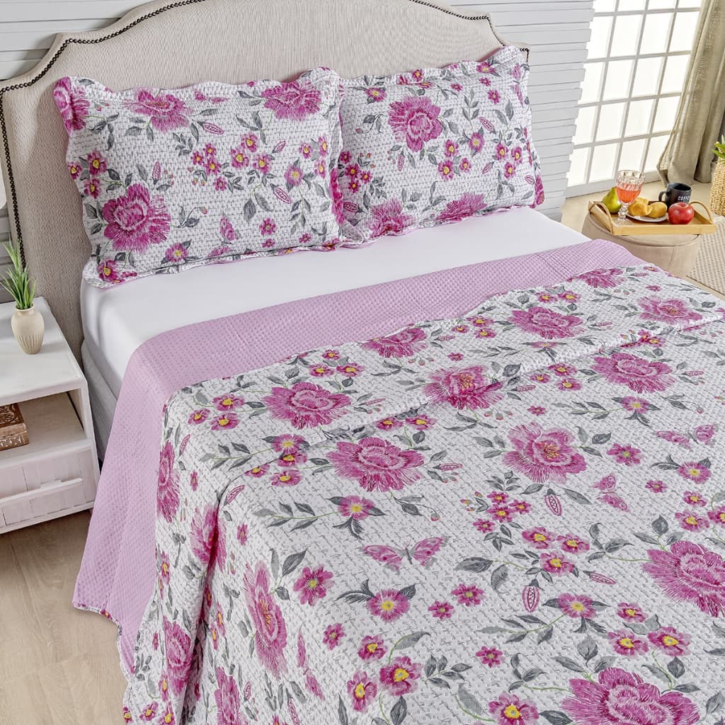 Kit Cobre Leito Colcha Queen Bouti 3 Peças Dupla Face Estampada Porta Travesseiro Aba Americana