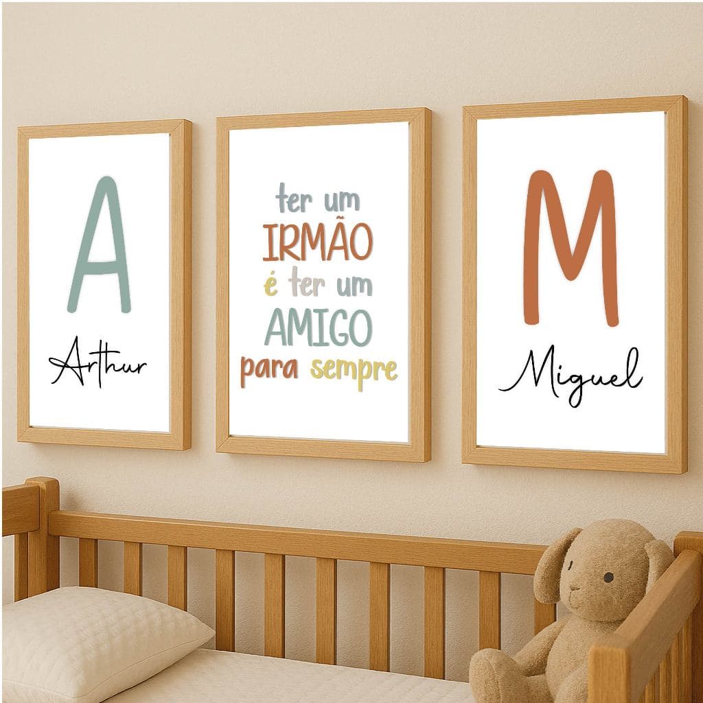Quadros Decorativos Irmãos Kit 3 Peças Decoração Quarto, Decoração Quarto Infantil, Moldura Fake
