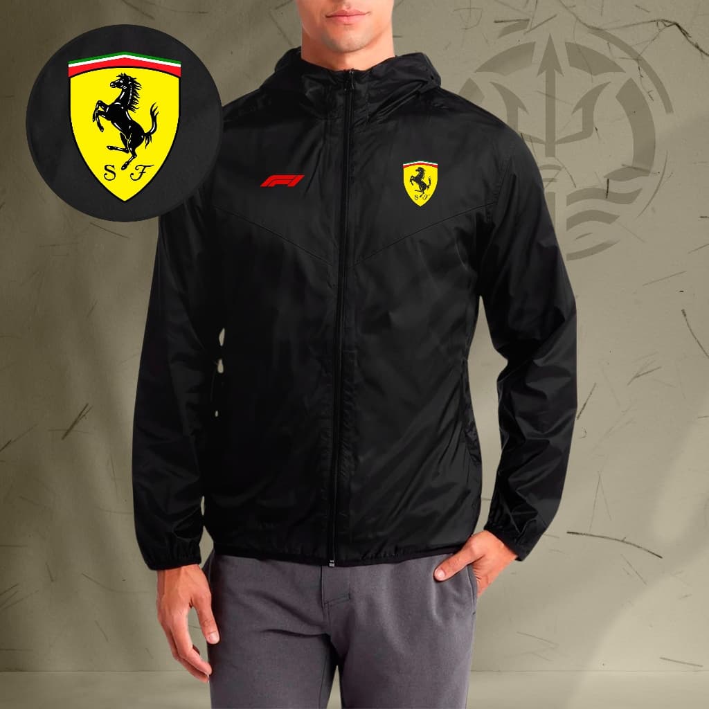Jaqueta Corta Vento Masculina - F1 FERRARI - Com Capuz, Bolso e Zíper - Academia Corrida Esportes