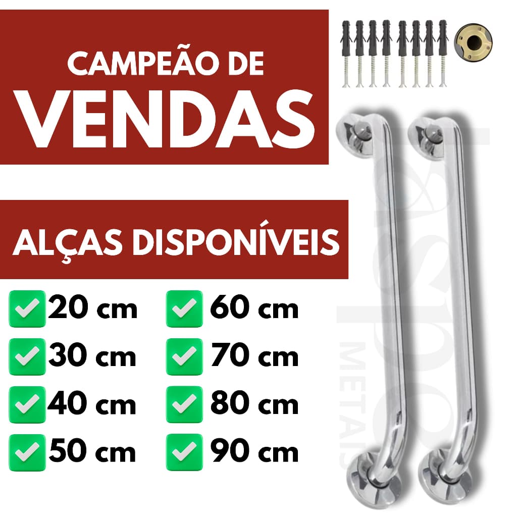 Alça de Apoio em Alumínio 20cm a 1m para Banheiro, Corredor e Piscina  Para Idosos e Pcd, Corrimão