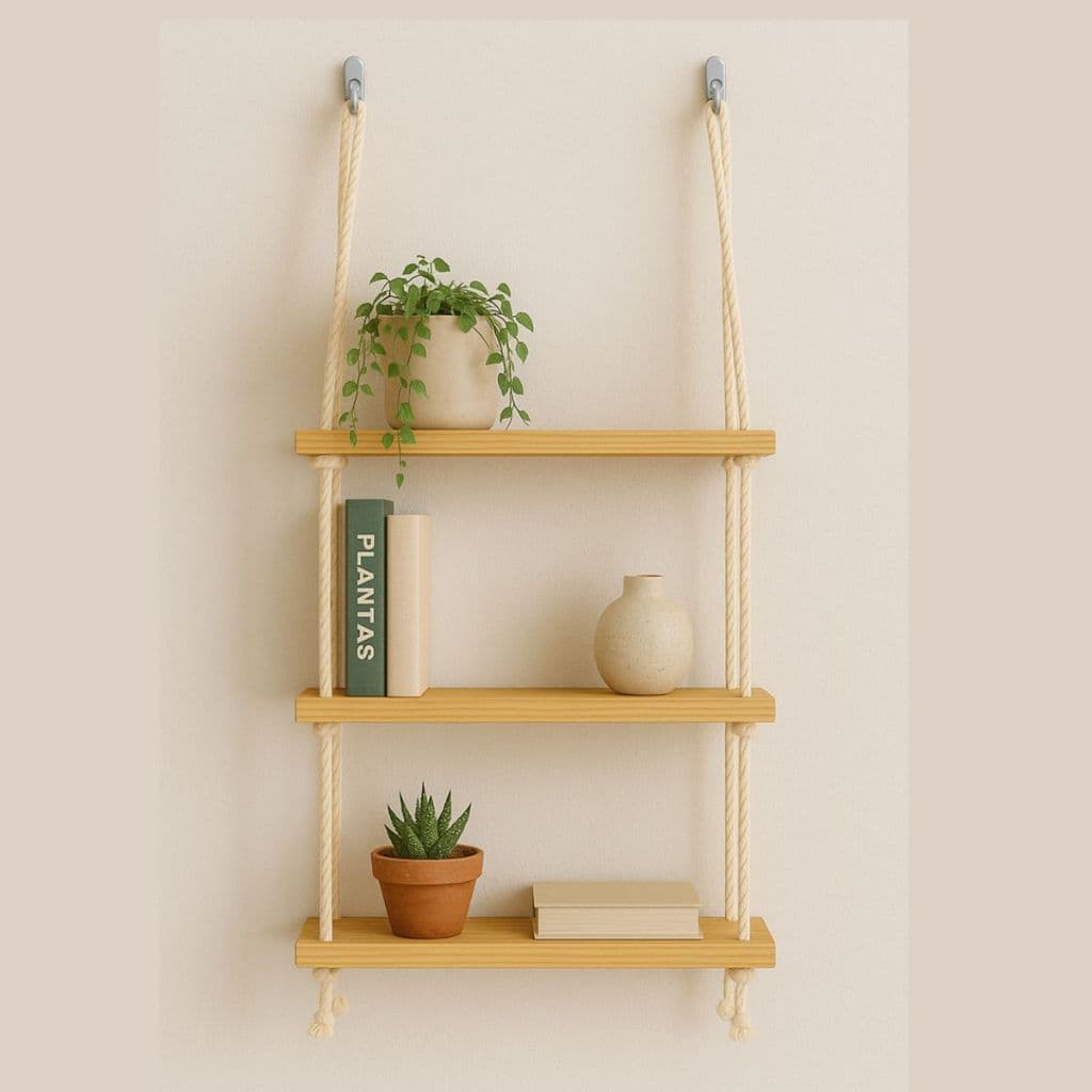 Prateleira de Madeira Suspensa com Cordas Nicho Decorativo