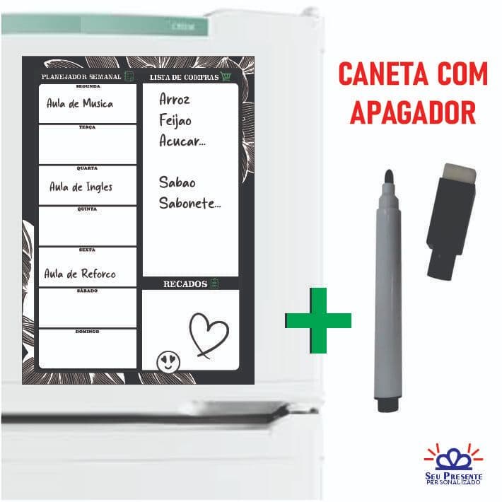 Ima de Geladeira Planner Semanal e Caneta que Apaga e Escreve Liso