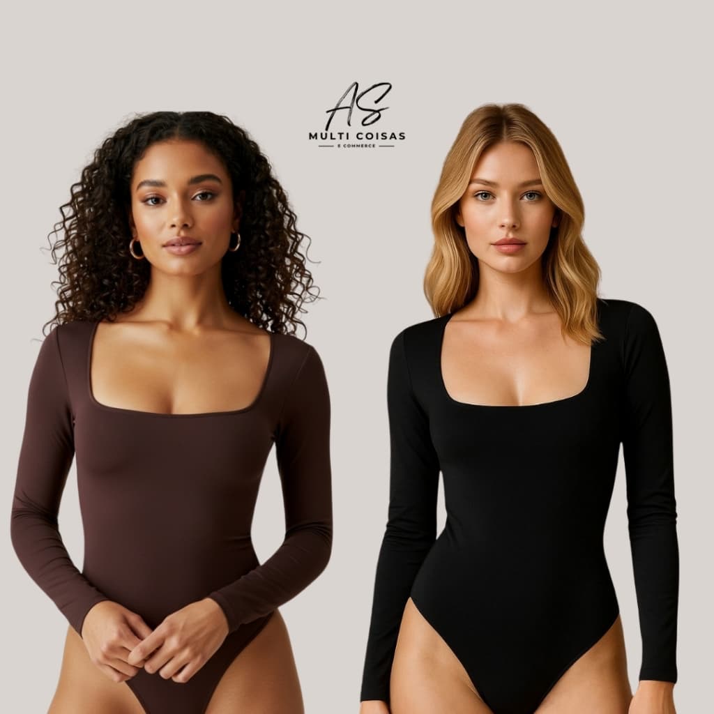 KIT COM 2 BODY FEMININO DECOTE QUADRADO MANGA LONGA TECIDO SUPLEX FORRO DUPLO