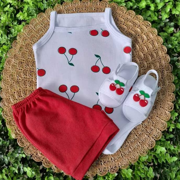 Conjunto Sandália Com Body E Short Bebe Menina Mesversário Estampado Verão 100% Suedine