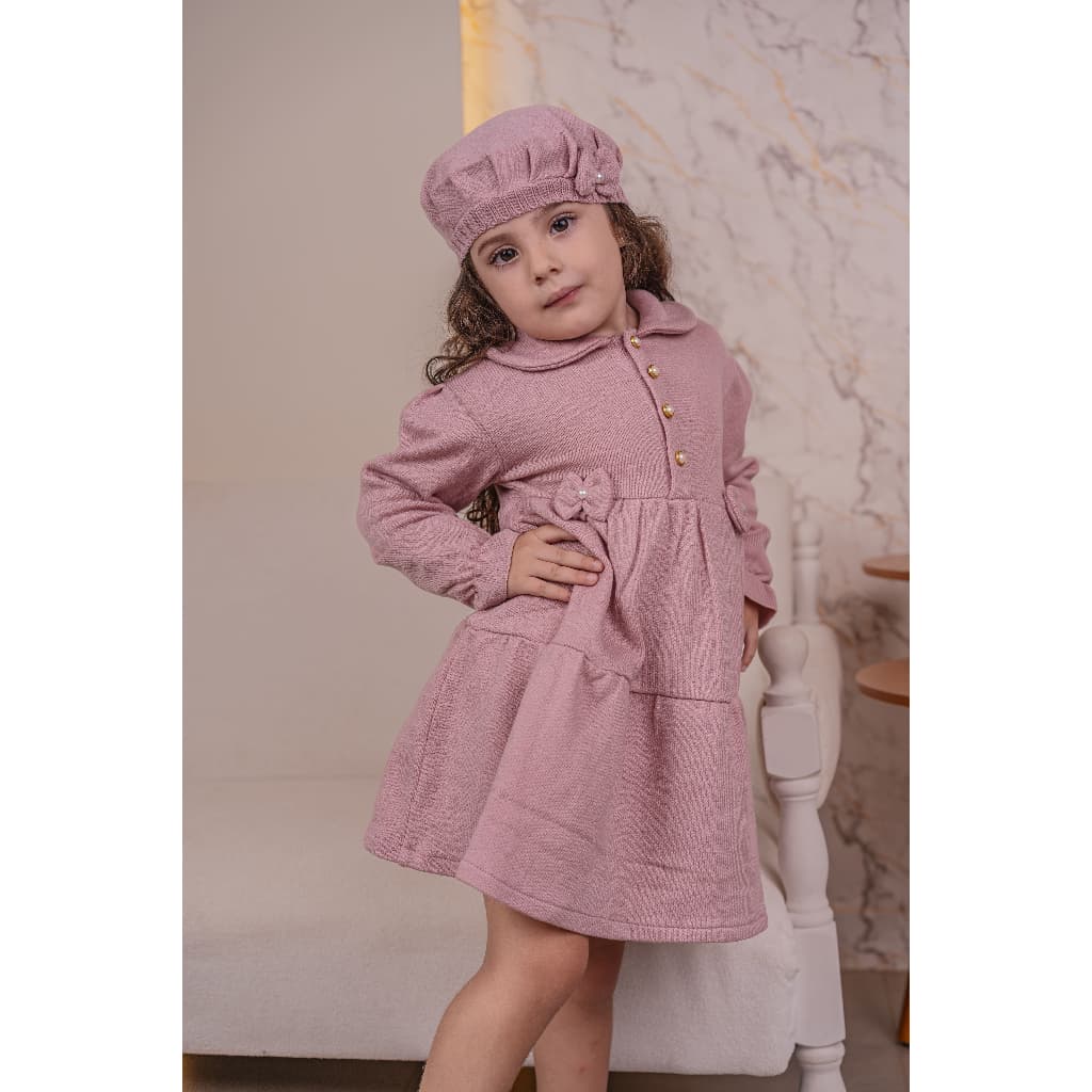 Vestido Sobretudo Infantil Tricot + Boina Roupa para Menina Estilosa com Manga Longa, botão, Lacinho