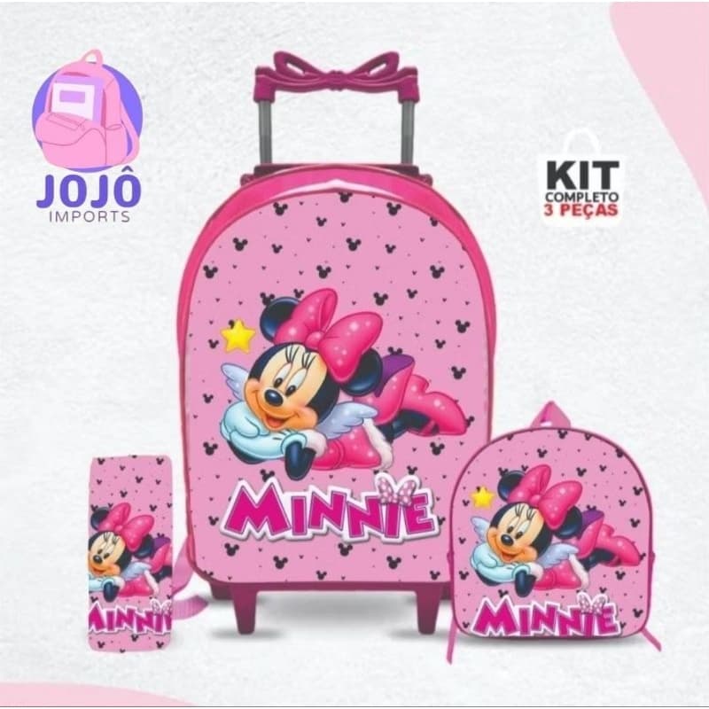 Kit mochila escolar Minnie com lancheira e Estojo - Carrinho com Rodinhas - Menina - feminino