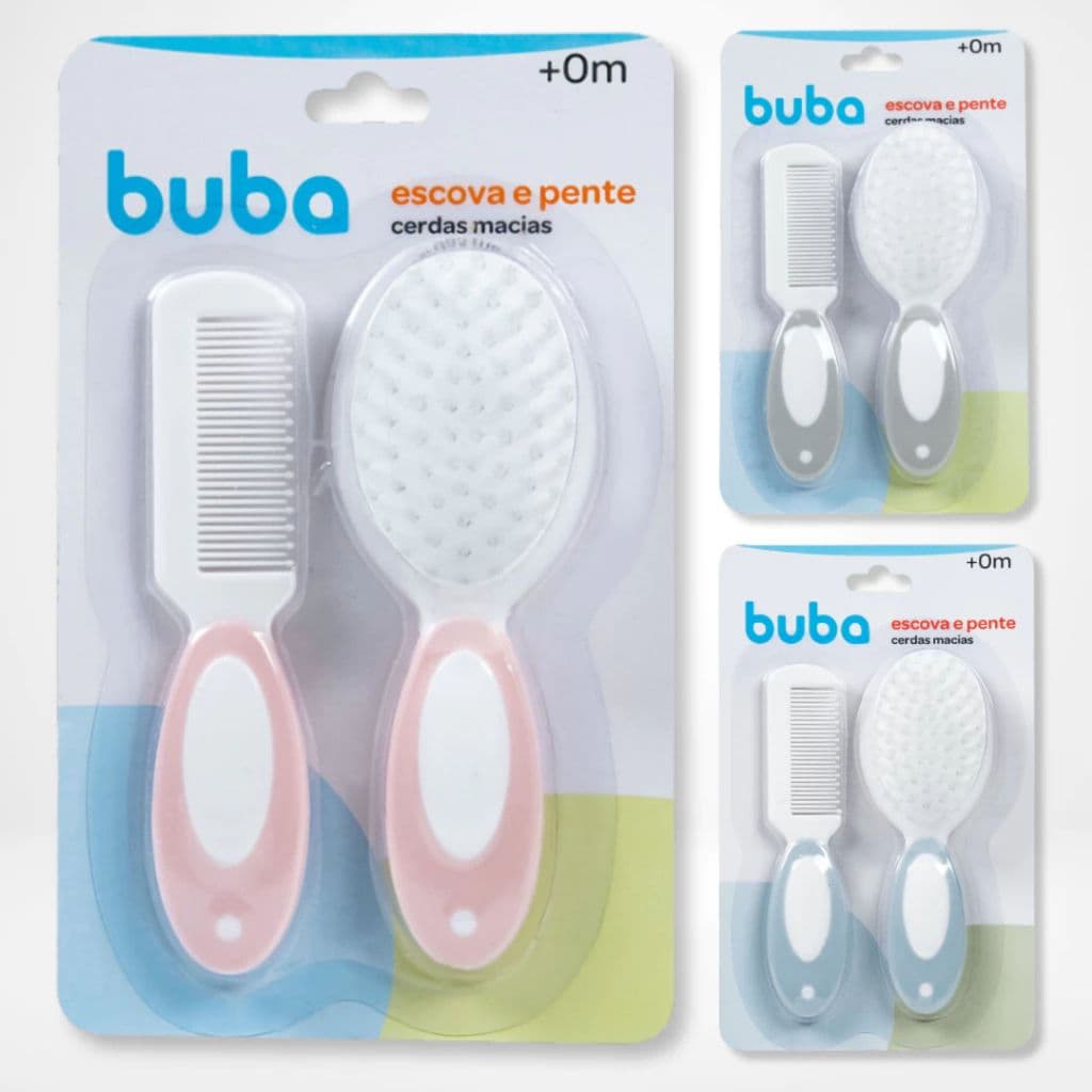 Kit Escova E Pente Para Bebê Original Buba Cuidado Com o Bebê Cinza Azul e Rosa Macia