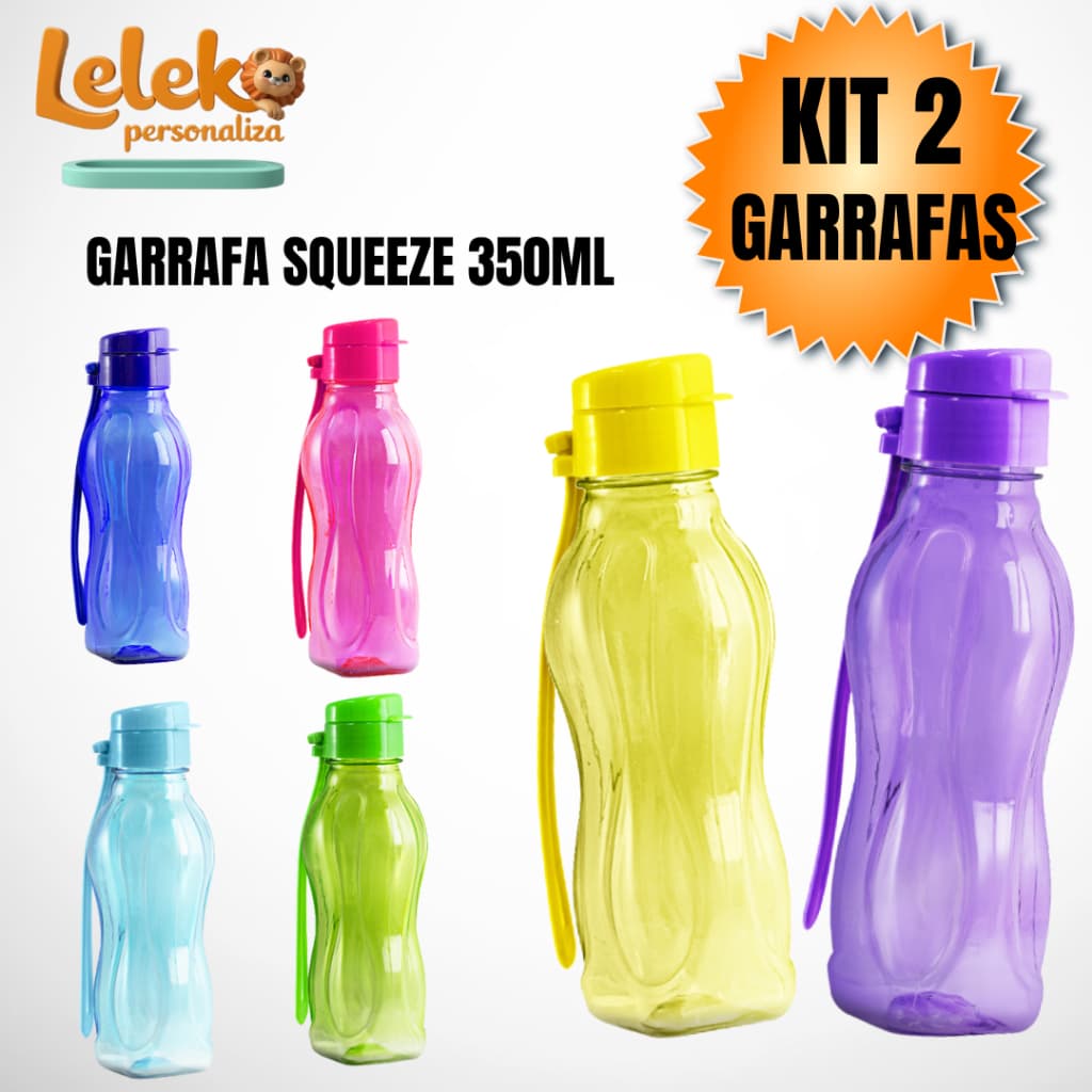 Kit com 2 Garrafas Squeeze 350 ML de Água, Academia, Esportes Cores Sortidas