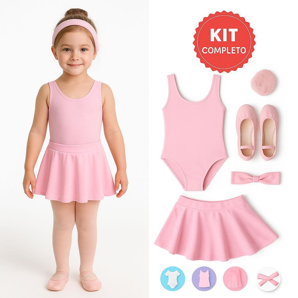 KIT COMPLETO Ballet Infantil PREMIUM 6 Itens Collant Regata + Saia de Cós com Elástico e Sapatilha Bailarina ROSA