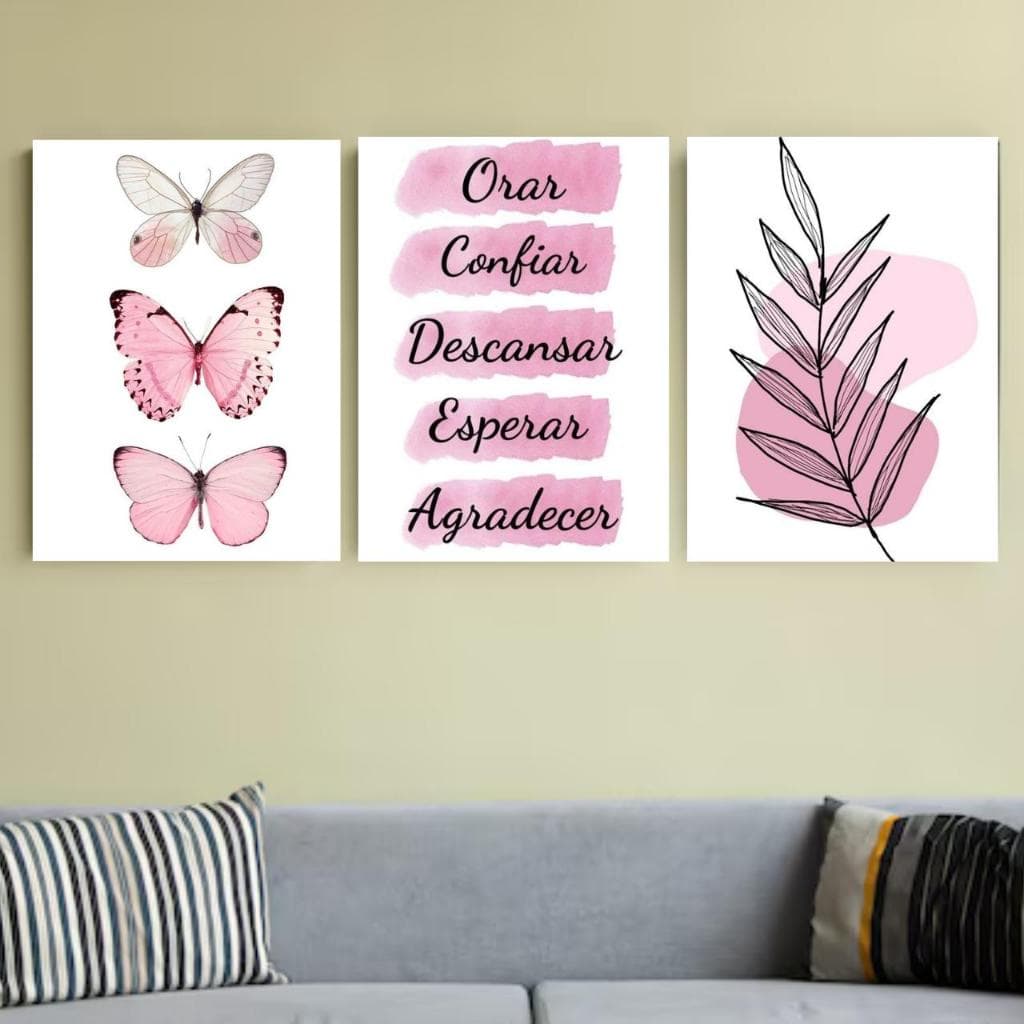Kit 3 Quadros Quadrinho Orar Confiar Agradecer Decoração Sala