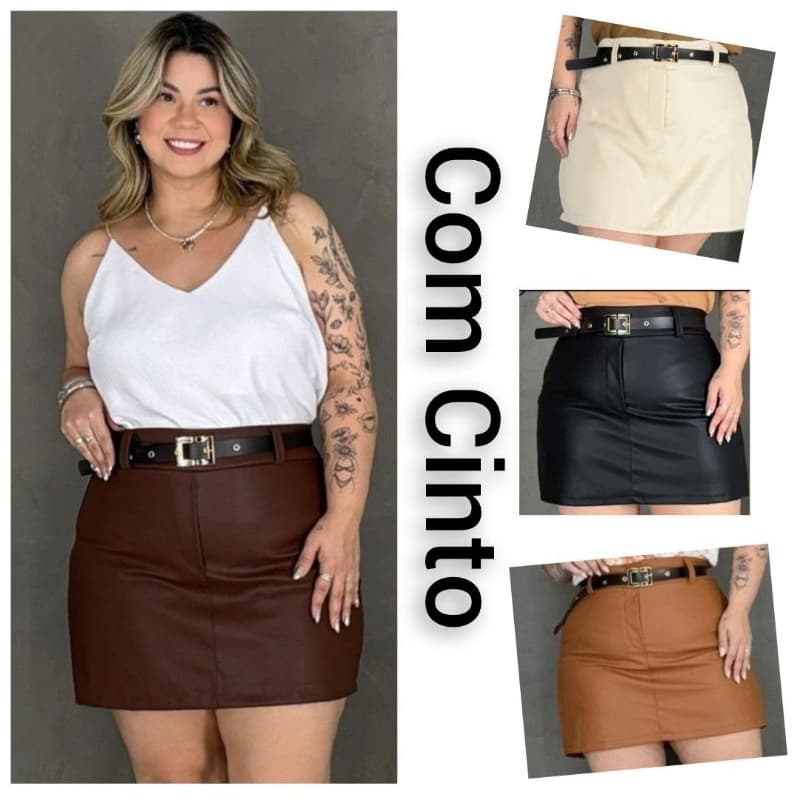 Short Saia Plus Size acompanha o Cinto Couro Fake Courino Adulto Moda Blogueira Inverno Verão