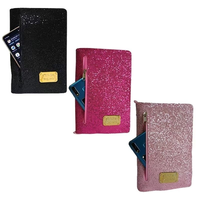 Capa para Bíblia Número 11 Com Zíper e Bolso Externo Brilho Femina Glitter