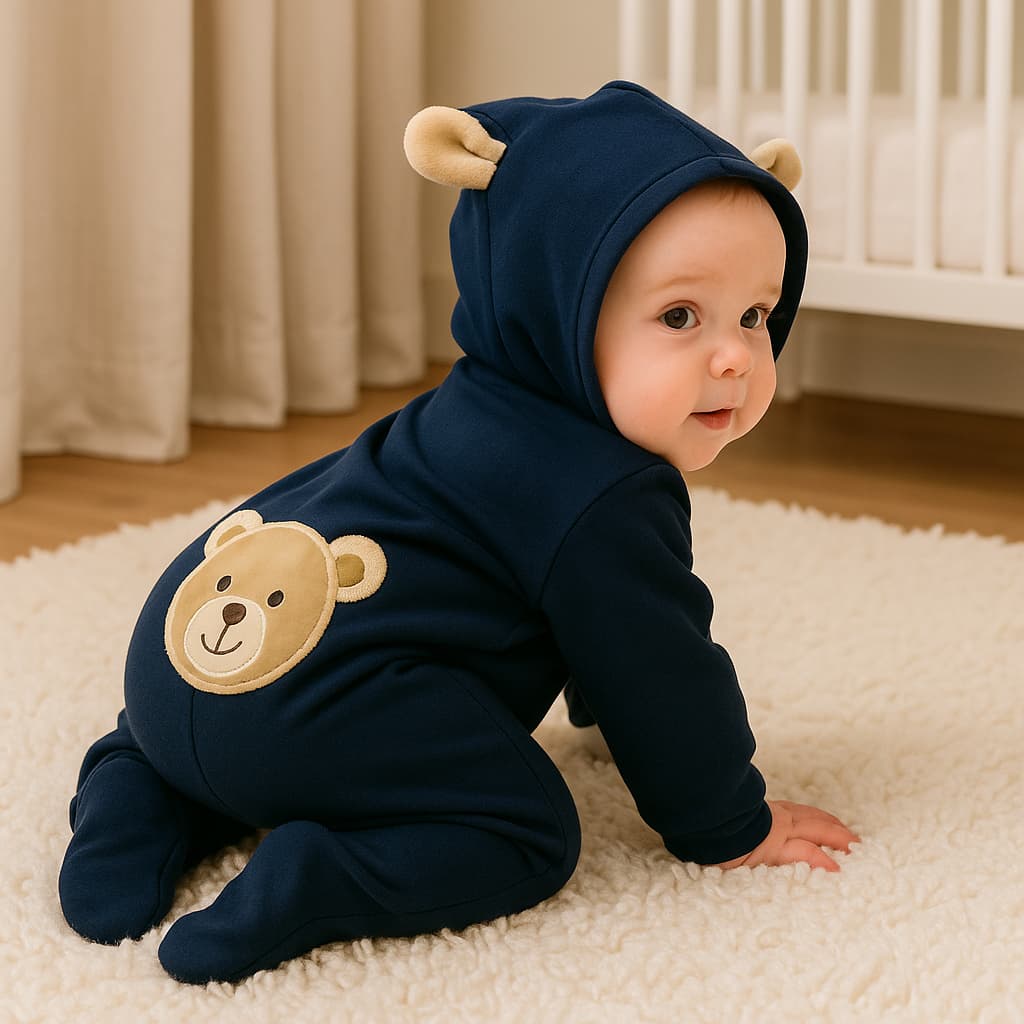 Macacão Bebê com Capuz Orelhinhas Ursinho 100% Algodão Tamanho P RN – Azul Marinho ou Pink