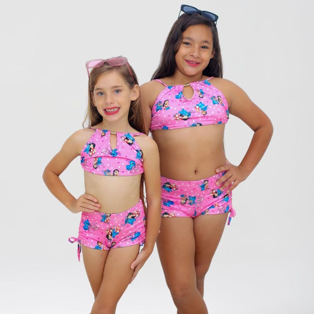 Conjunto Biquini Infantil Stitch Com Short Proteção Uv 50+ Praia Piscina 2 Peças 2 ao 14 anos