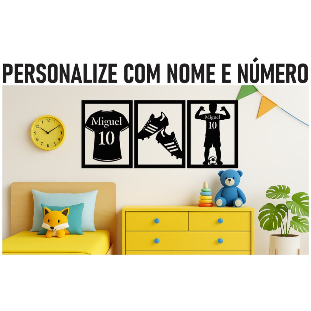 Kit Decorativo Futebol Personalizado – 3 Quadros de Camiseta com Nome e Número