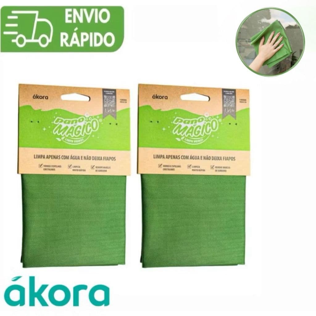 KIT 2 PANOS MÁGICOS LIMPA VIDROS ÁKORA ORIGINAL – POLIÉSTER E POLIAMIDA (LIMPEZA FÁCIL COM ÁGUA!)