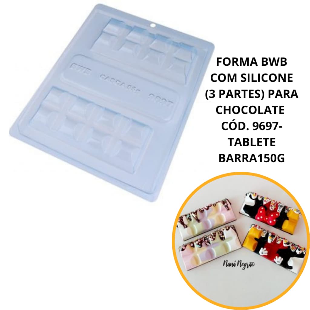 1~4 FORMA BWB COM SILICONE (3 PARTES) PARA CHOCOLATE CÓD. 9697-TABLETE BARRA150G. BARRA RECHEADA G.(CHOCO)