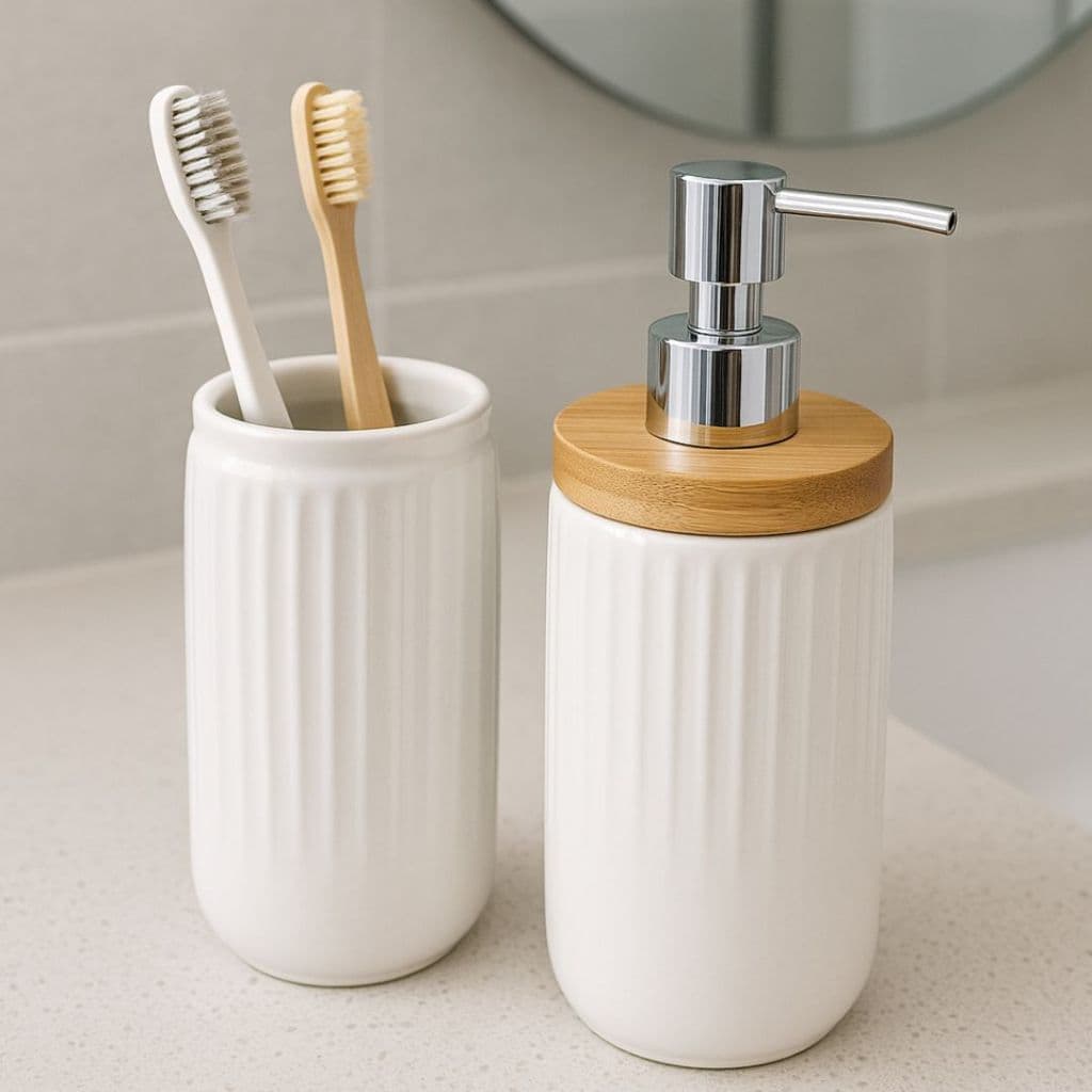 Kit Acessórios De Banheiro Lavabo 2 Peças Cerâmica Porta Escova e Porta Sabonete Líquido MIMI