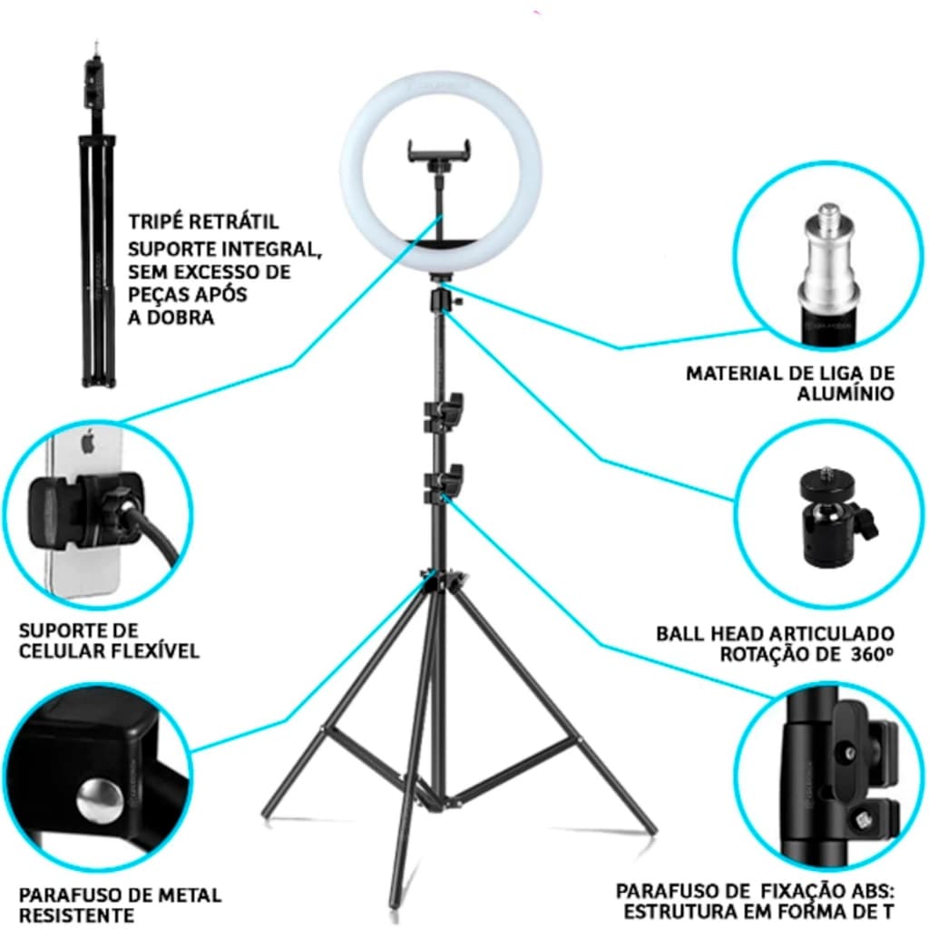 Ring Light Led Iluminador 26cm com Tripé 2.10m o mais Completo