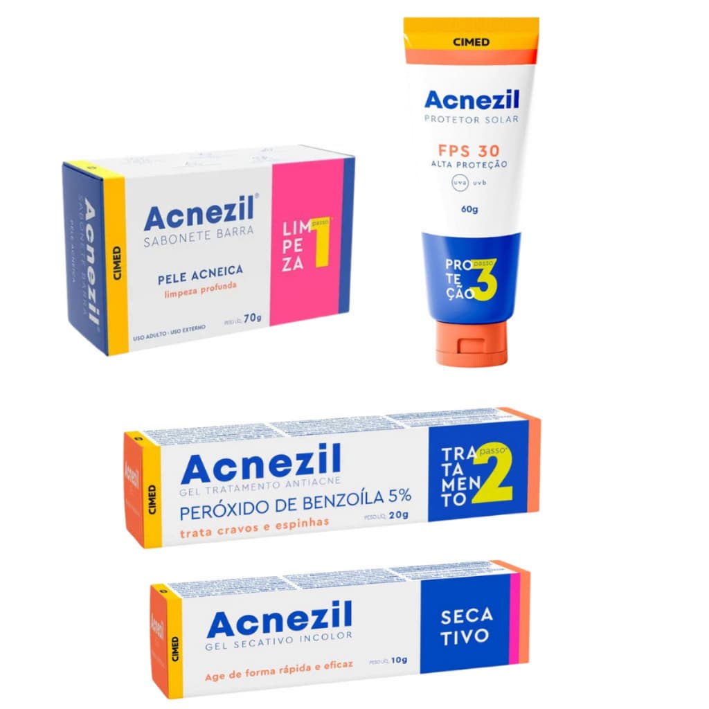 Kit Completo Acnezil: Sab em Barra + Gel Secativo+ Gel 5% + Protetor Solar