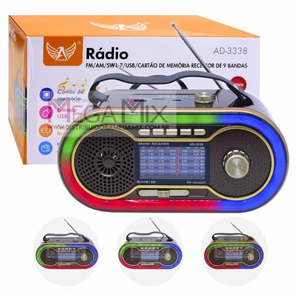 Rádio Portátil Recarregável Bluetooth 9 Bandas AD-3338