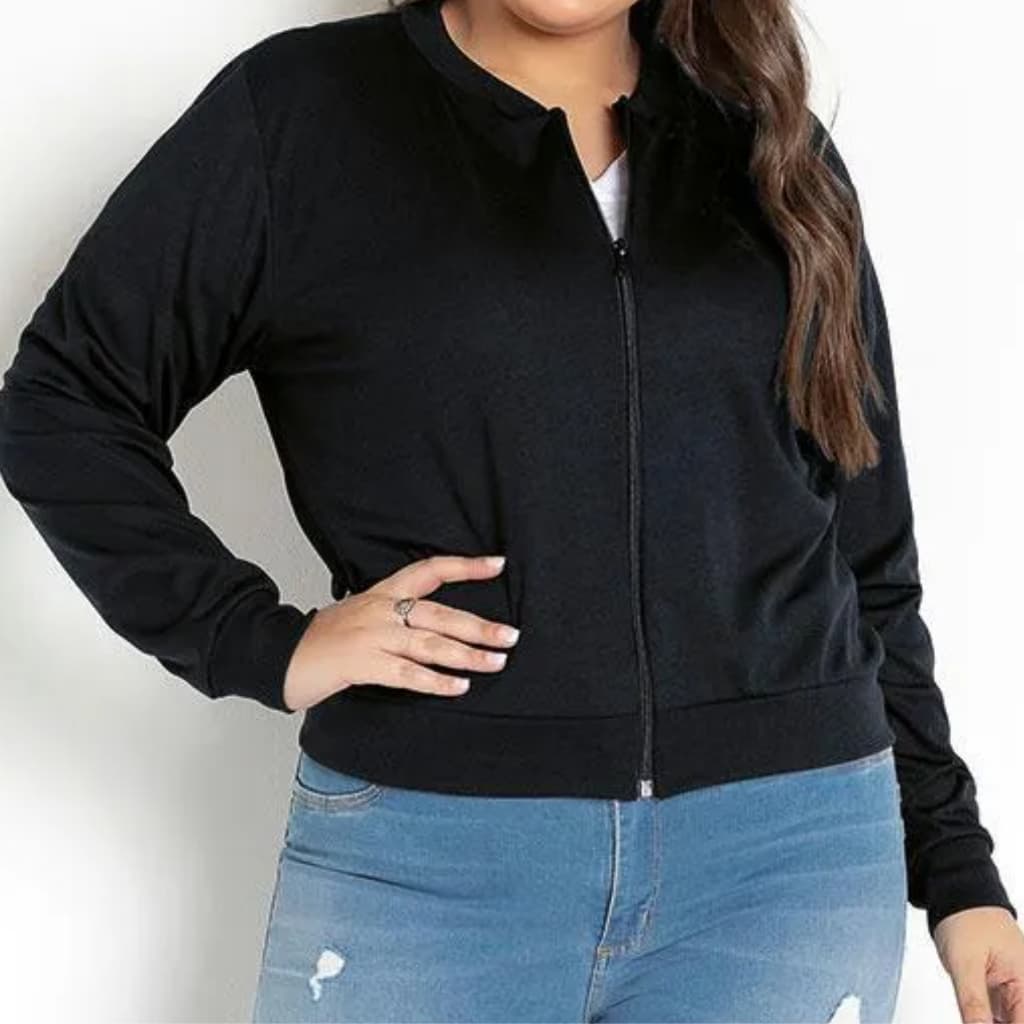 Jaqueta Blusa de Frio Corta Vento Suplex Com Ziper Cor Preta Plus size