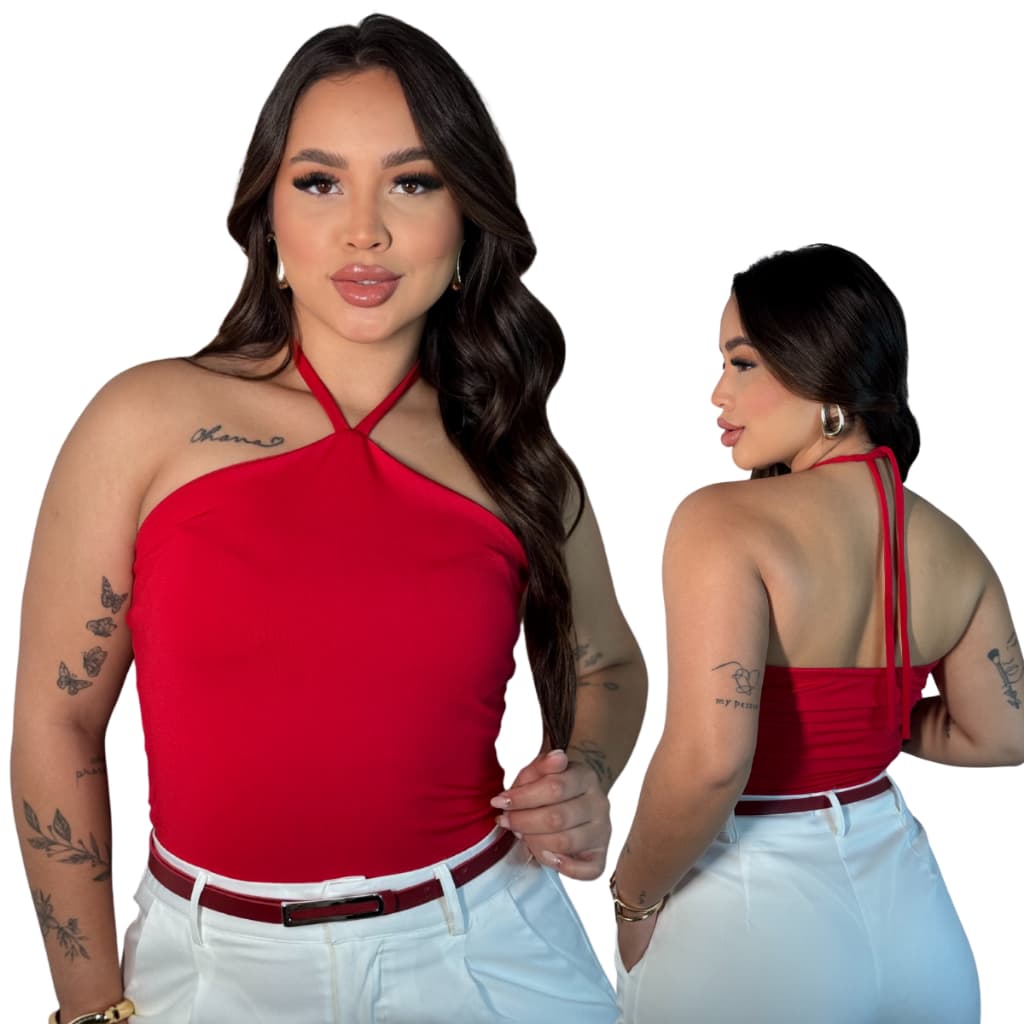 Blusa Frente Única Blusinha Feminina de Amarrar no Pescoço Forrada em Suplex