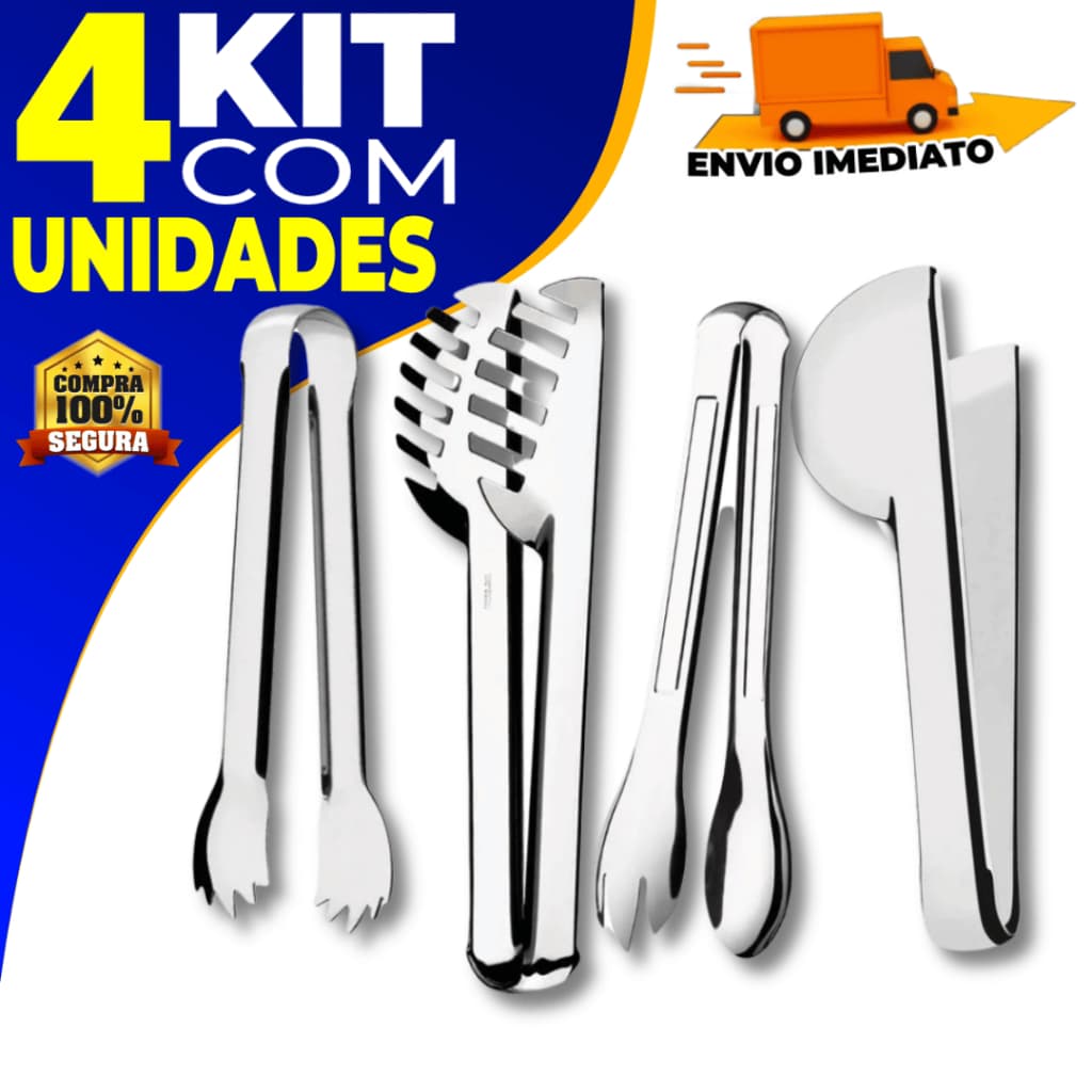 Kit 4 Utensílios para Cozinha Inox Pegador de Massa 20cm Universal 20cm Salada 20cm Gelo Frios