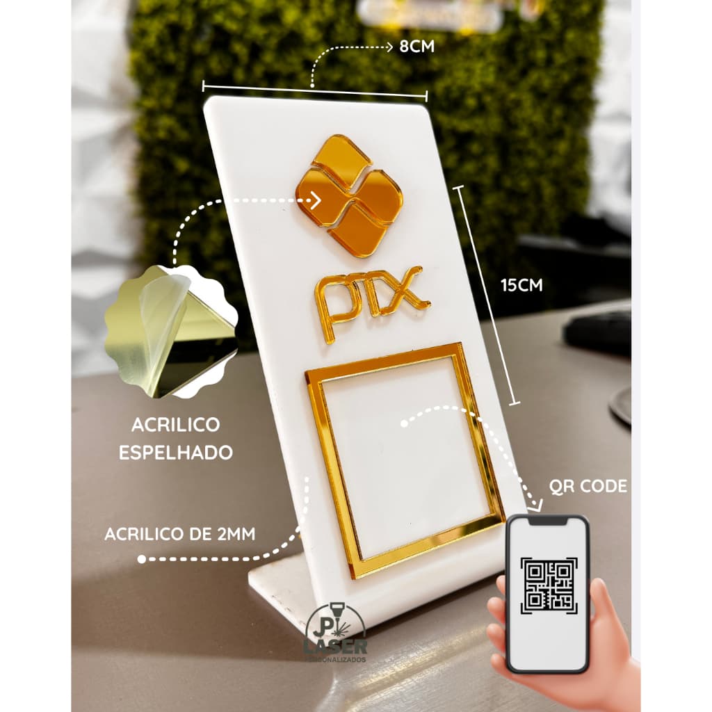 Placa Pix Pagamento QrCode De Mesa Balcão c/ base - Acrílico para Lojas, Clinicas etc.