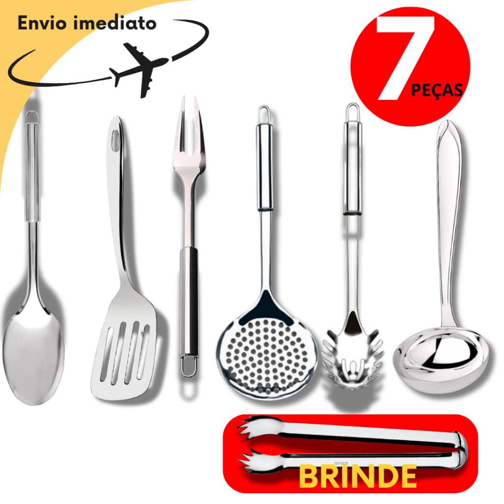 7 Utensílios para Cozinha Inox Escumadeira Concha Colher de Arroz Pegador Carne Garfo Trinchante