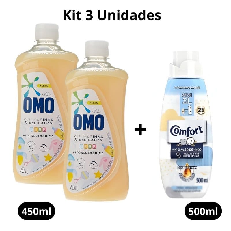 Kit 2 Lava Roupas Omo Roupas Delicadas Bebê 450ml + 1 Amaciante Comfort Puro Cuidado 500ml