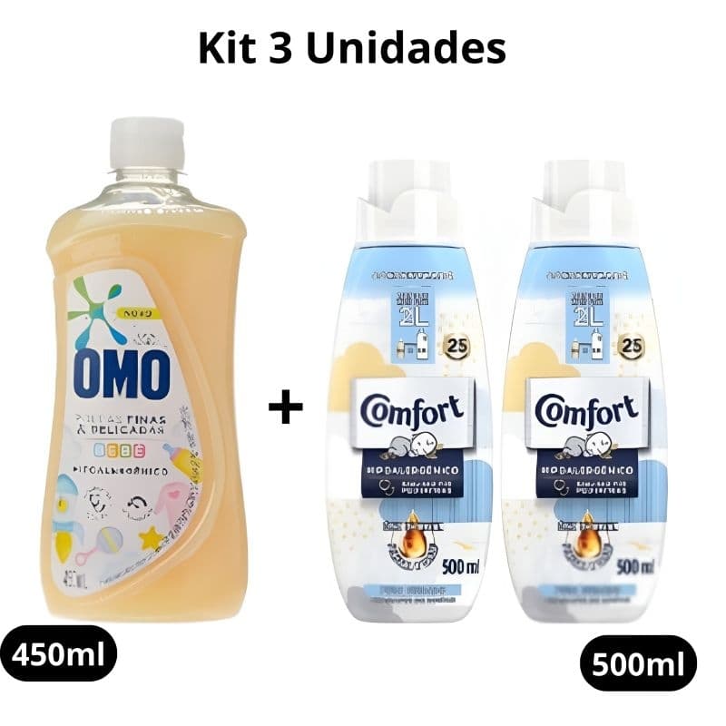 Kit 1 Lava Roupas Omo Roupas Delicadas Bebê 450ml + 2 Amaciante Comfort Puro Cuidado 500ml